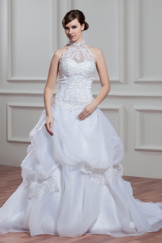 A-Line Halter Sleeveless Satin Organza Lace High Neck Wedding Dresses 2030756 A-Line Halter Sleeveless Satin Organza Lace High Neck Wedding Dresses 2030756