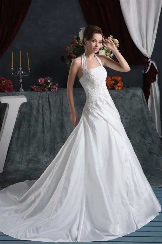 Latest Design Satin Taffeta A-Line Sleeveless Halter Sweet Wedding Dresses 2030760