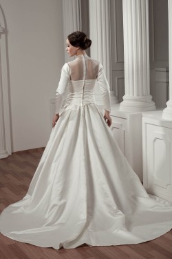 Long Sleeve Satin Fine Netting A-Line Portrait High Neck Wedding Dresses 2030766