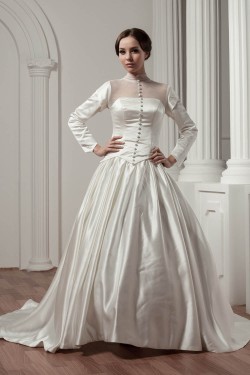 Long Sleeve Satin Fine Netting A-Line Portrait High Neck Wedding Dresses 2030766