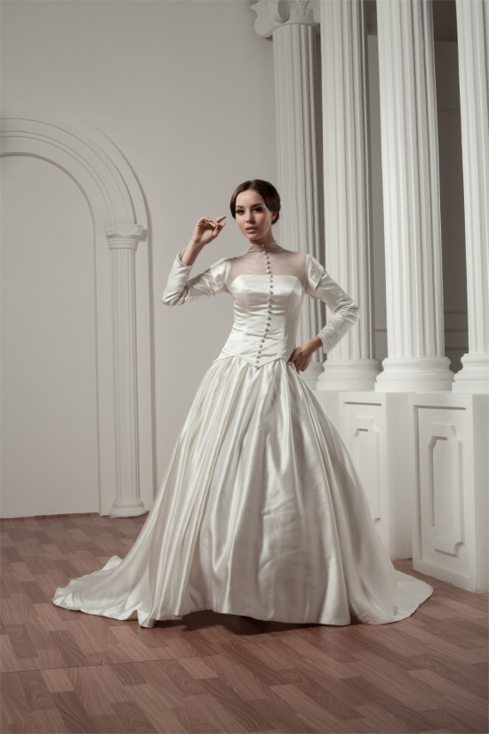 Long Sleeve Satin Fine Netting A-Line Portrait High Neck Wedding Dresses 2030766 Long Sleeve Satin Fine Netting A-Line Portrait High Neck Wedding Dresses 2030766