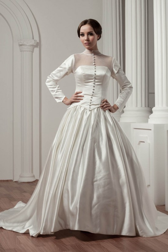Long Sleeve Satin Fine Netting A-Line Portrait High Neck Wedding Dresses 2030766 Long Sleeve Satin Fine Netting A-Line Portrait High Neck Wedding Dresses 2030766