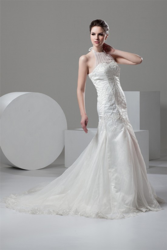 Mermaid/Trumpet Halter Sleeveless Satin Organza Wedding Dresses 2030769