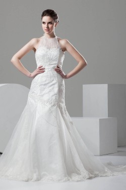 Mermaid/Trumpet Halter Sleeveless Satin Organza Wedding Dresses 2030769