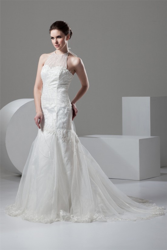 Mermaid/Trumpet Halter Sleeveless Satin Organza Wedding Dresses 2030769