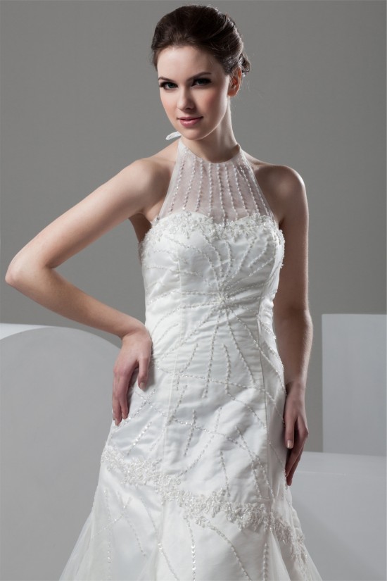 Mermaid/Trumpet Halter Sleeveless Satin Organza Wedding Dresses 2030769