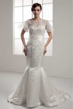 Mermaid/Trumpet Short Sleeve Portrait Lace Wedding Dresses 2030771