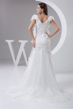 New Arrival Mermaid/Trumpet Organza V-Neck Lace Wedding Dresses 2030779