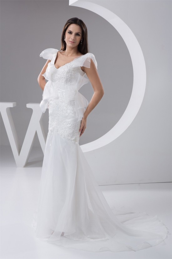 New Arrival Mermaid/Trumpet Organza V-Neck Lace Wedding Dresses 2030779