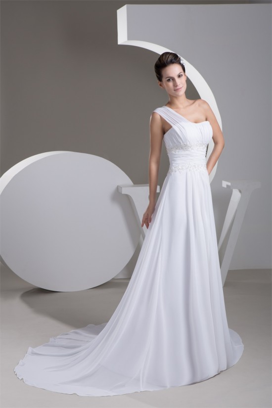 New Design A-Line One-Shoulder Sleeveless Chiffon Beaded Lace Wedding Dresses 2030785