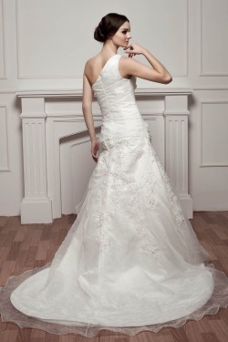 A-Line Satin One-Shoulder Sleeveless Sweet Wedding Dresses 2030786