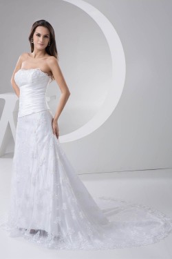 Elegant A-Line Satin Lace Strapless Wedding Dresses 2030795