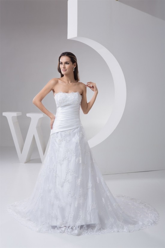 Elegant A-Line Satin Lace Strapless Wedding Dresses 2030795 Elegant A-Line Satin Lace Strapless Wedding Dresses 2030795