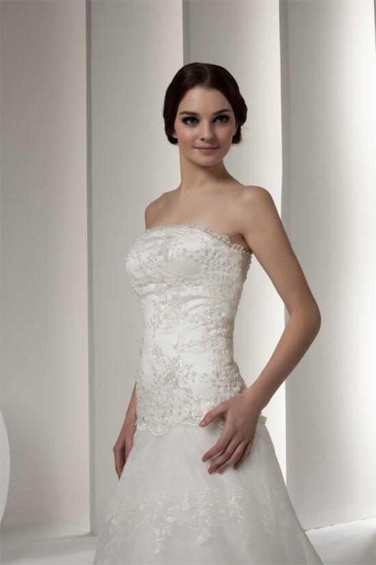 New Design Strapless Satin A-Line Sleeveless Sweet Lace Wedding Dresses 2030798
