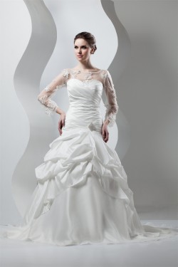 New Style A-Line Long Sleeve Lace Taffeta Sheer Sweet Wedding Dresses 2030801