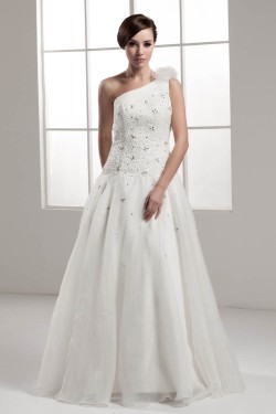 A-Line One-Shoulder Beaded Sleeveless Wedding Dresses 2030809