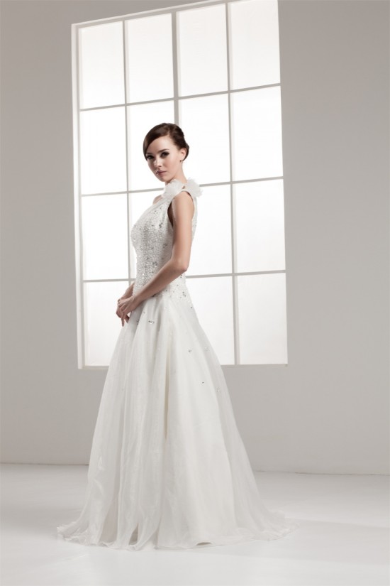 A-Line One-Shoulder Beaded Sleeveless Wedding Dresses 2030809