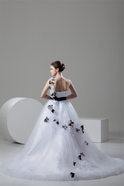 One-Shoulder A-Line Sleeveless Satin Fine Netting Sweet Wedding Dresses 2030811