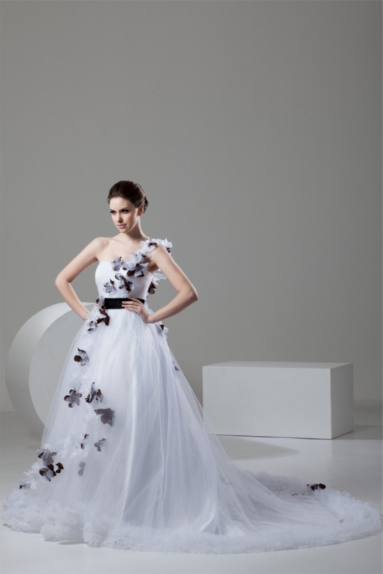 One-Shoulder A-Line Sleeveless Satin Fine Netting Sweet Wedding Dresses 2030811