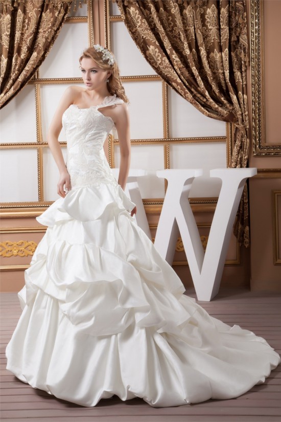 One-Shoulder A-Line Sleeveless Satin Lace Wedding Dresses 2030812 One-Shoulder A-Line Sleeveless Satin Lace Wedding Dresses 2030812