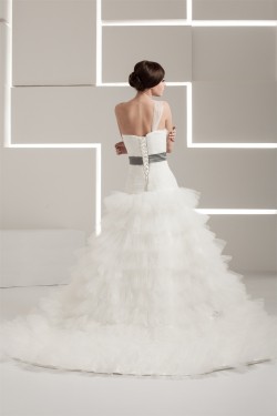 One-Shoulder A-Line Sleeveless Satin Taffeta Fine Netting Wedding Dresses 2030813