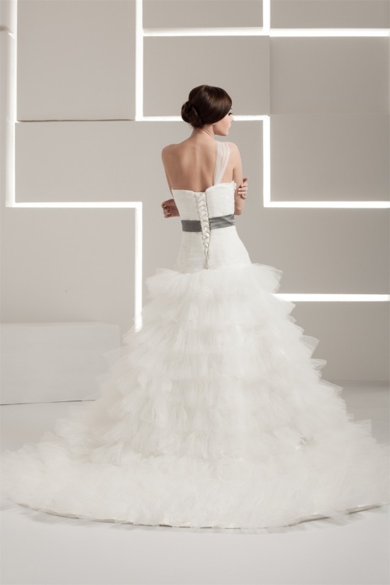One-Shoulder A-Line Sleeveless Satin Taffeta Fine Netting Wedding Dresses 2030813