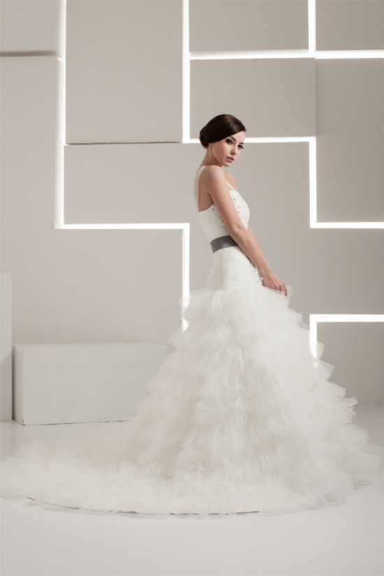 One-Shoulder A-Line Sleeveless Satin Taffeta Fine Netting Wedding Dresses 2030813