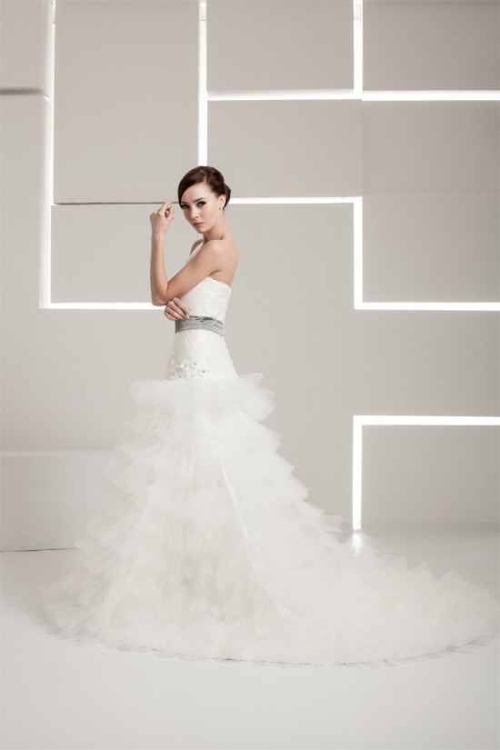 One-Shoulder A-Line Sleeveless Satin Taffeta Fine Netting Wedding Dresses 2030813