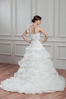 A-Line Satin Organza One-Shoulder Sleeveless Beaded Wedding Dresses 2030815