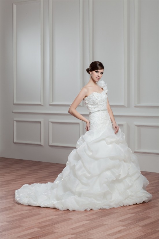 A-Line Satin Organza One-Shoulder Sleeveless Beaded Wedding Dresses 2030815