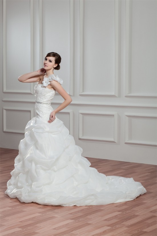 A-Line Satin Organza One-Shoulder Sleeveless Beaded Wedding Dresses 2030815