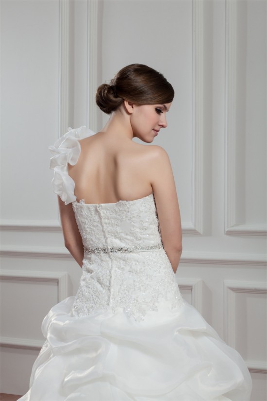 A-Line Satin Organza One-Shoulder Sleeveless Beaded Wedding Dresses 2030815