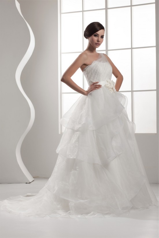 One-Shoulder Sleeveless Satin A-Line Lace Wedding Dresses 2030817