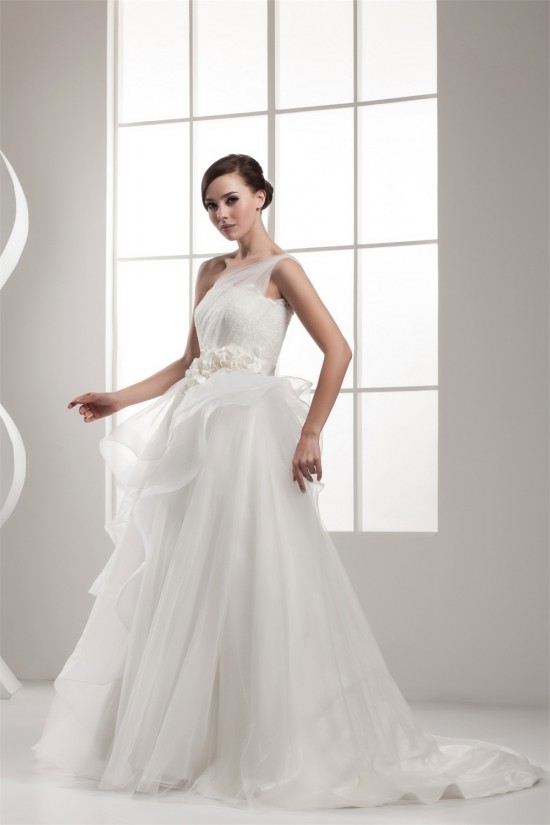 One-Shoulder Sleeveless Satin A-Line Lace Wedding Dresses 2030817