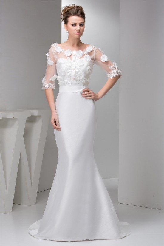 Portrait 3/4 Length Sleeve Satin Taffeta Fine Netting New Arrival Wedding Dresses 2030821 Portrait 3/4 Length Sleeve Satin Taffeta Fine Netting New Arrival Wedding Dresses 2030821