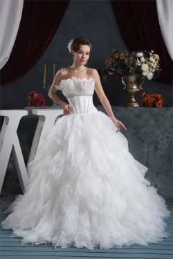 Princess Sleeveless Ball Gown Satin Organza Strapless Wedding Dresses 2030826