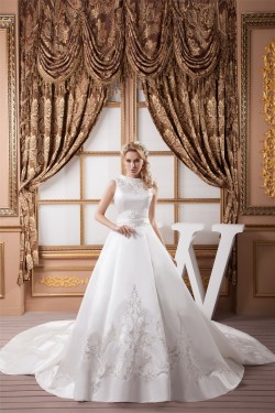 A-Line High-Neck Sleeveless Satin Most Beautiful Wedding Dresses 2030830