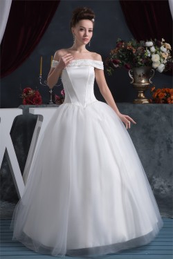 Ball Gown Satin Fine Netting Beading Floor-Length Beaded Wedding Dresses 2030837