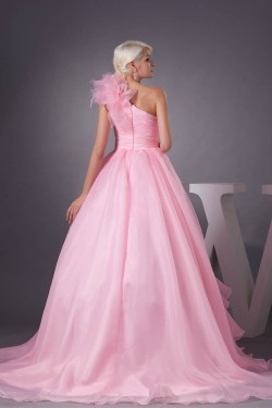 Satin Fine Netting One-Shoulder A-Line Sleeveless Pink Wedding Dresses 2030840