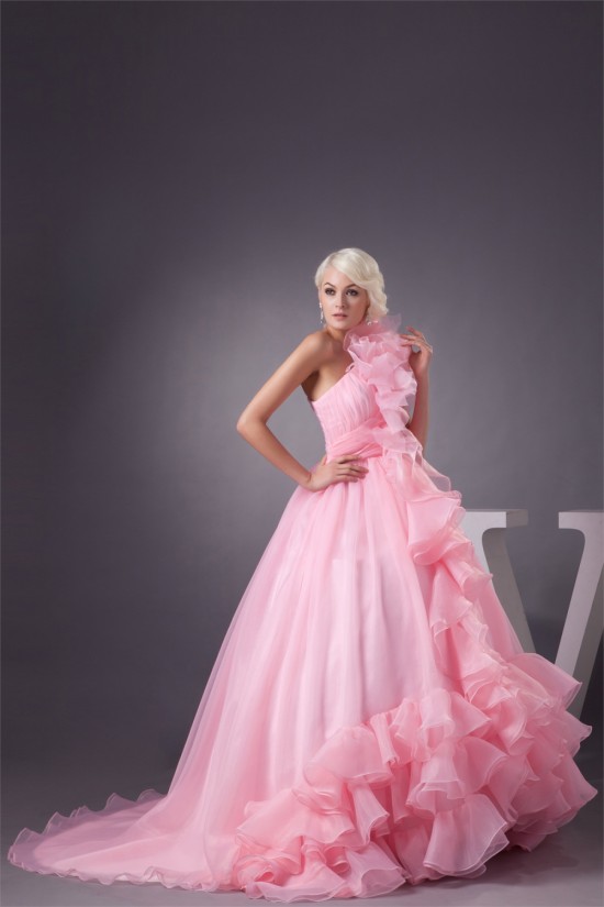 Satin Fine Netting One-Shoulder A-Line Sleeveless Pink Wedding Dresses 2030840 Satin Fine Netting One-Shoulder A-Line Sleeveless Pink Wedding Dresses 2030840