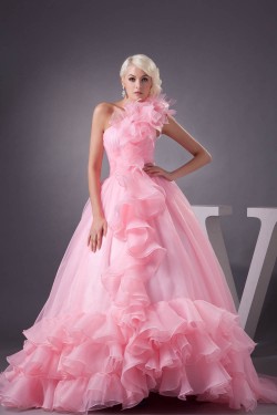 Satin Fine Netting One-Shoulder A-Line Sleeveless Pink Wedding Dresses 2030840