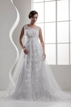 A-Line Satin Fine Netting Beaded Lace Sleeveless Straps Wedding Dresses 2030841