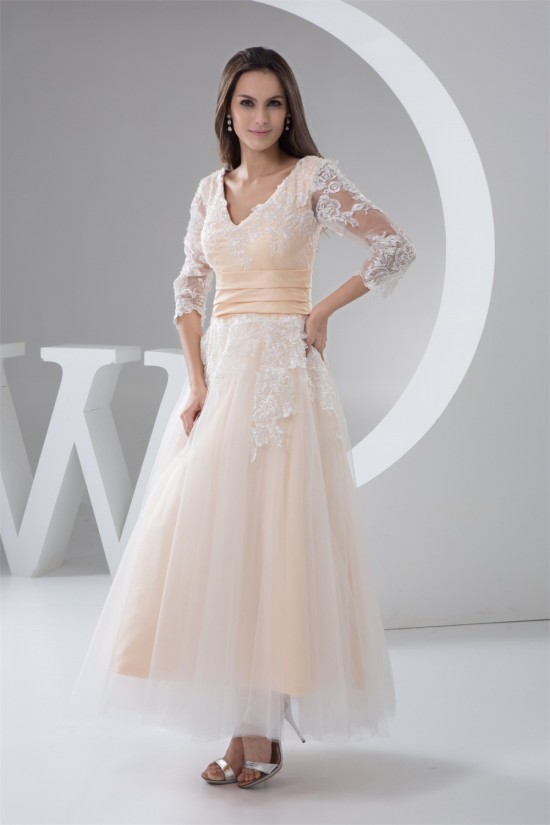 A-Line Satin Lace 3/4 Length Sleeve V-Neck Lace Reception Wedding Dresses 2030848 A-Line Satin Lace 3/4 Length Sleeve V-Neck Lace Reception Wedding Dresses 2030848