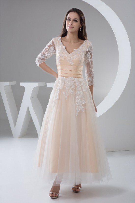 A-Line Satin Lace 3/4 Length Sleeve V-Neck Lace Reception Wedding Dresses 2030848 A-Line Satin Lace 3/4 Length Sleeve V-Neck Lace Reception Wedding Dresses 2030848