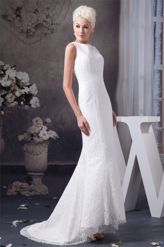 Satin Lace Portrait Mermaid/Trumpet Sleeveless Wedding Dresses 2030852