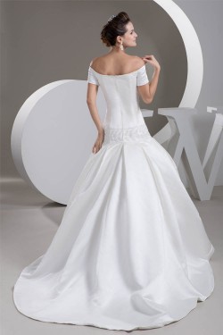 Satin Square Sleeveless A-Line Beaded Off-the-Shoulder Wedding Dresses 2030853