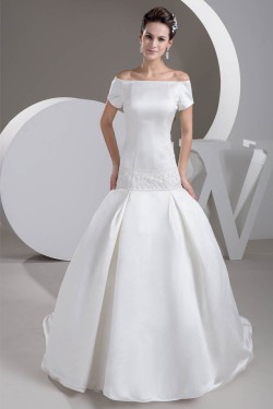 Satin Square Sleeveless A-Line Beaded Off-the-Shoulder Wedding Dresses 2030853