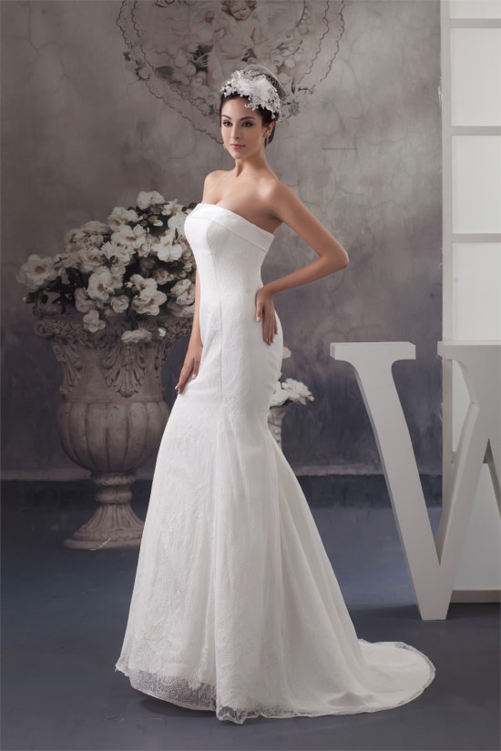 Satin Lace Strapless Mermaid/Trumpet Sleeveless Wedding Dresses 2030854