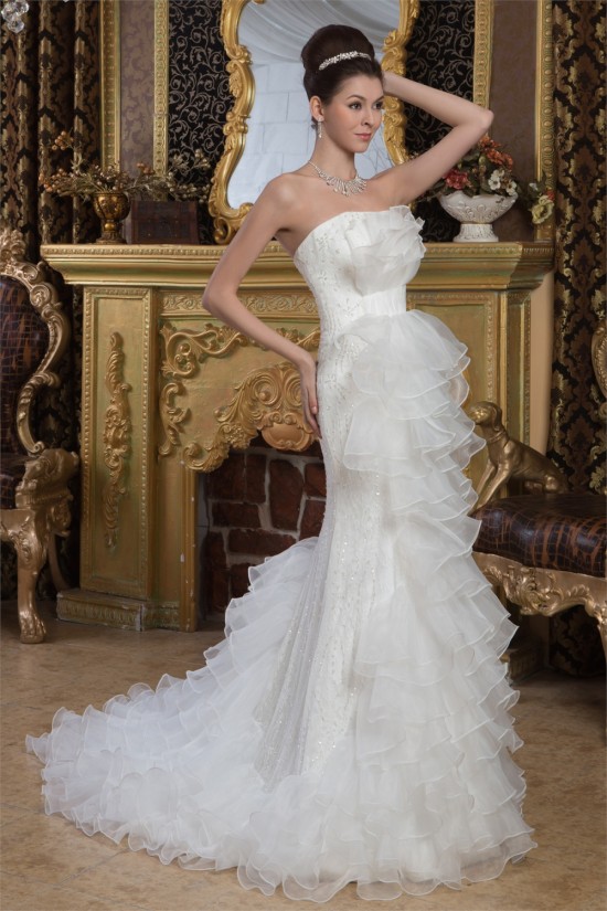 Satin Mermaid/Trumpet Sleeveless Strapless Beaded Lace Wedding Dresses 2030858