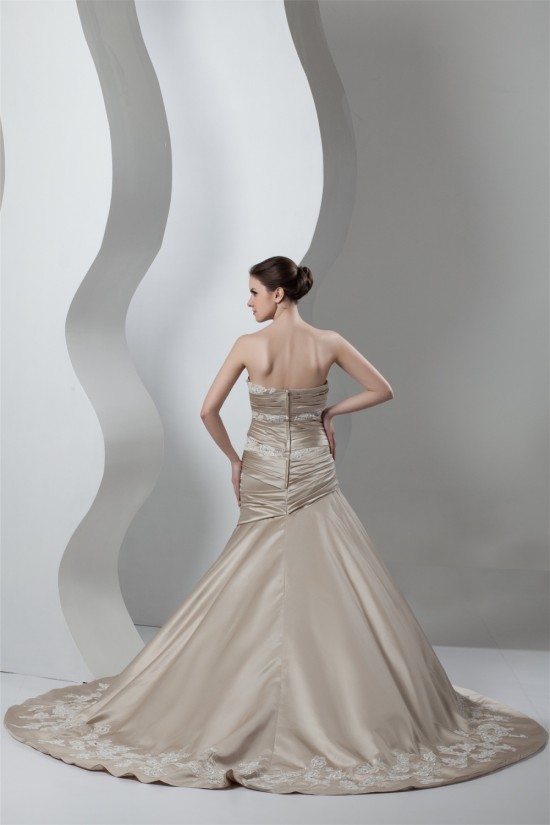A-Line Satin Sleeveless Strapless Lace Wedding Dresses 2030859